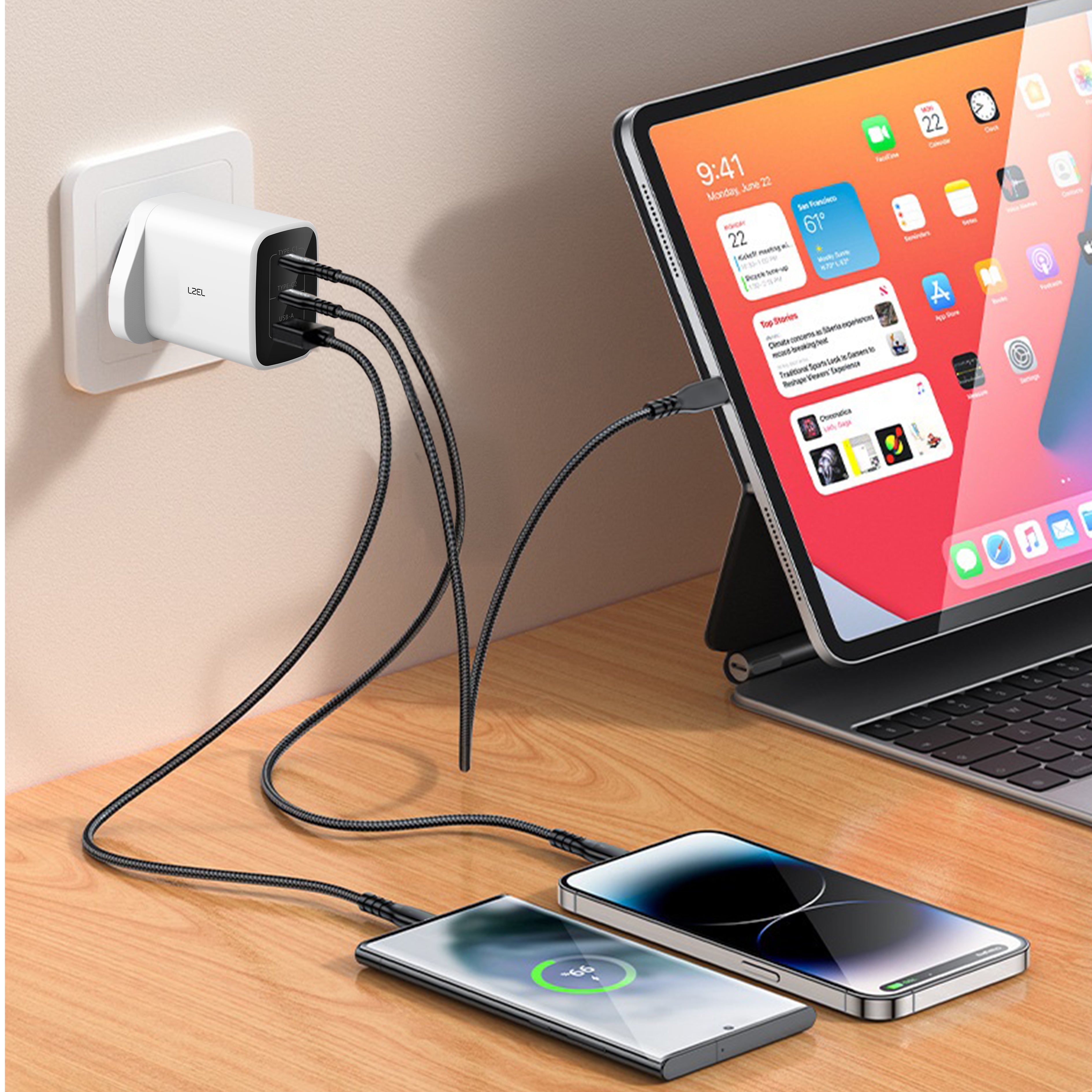 شاحن حائط فائق السرعة من ليزل بقوة 67 واط بثلاث منافذ USB بتقنية GaN | أبيض شاحن حائط فائق السرعة من ليزل بقوة 67 واط بثلاث منافذ USB بتقنية GaN | أبيض